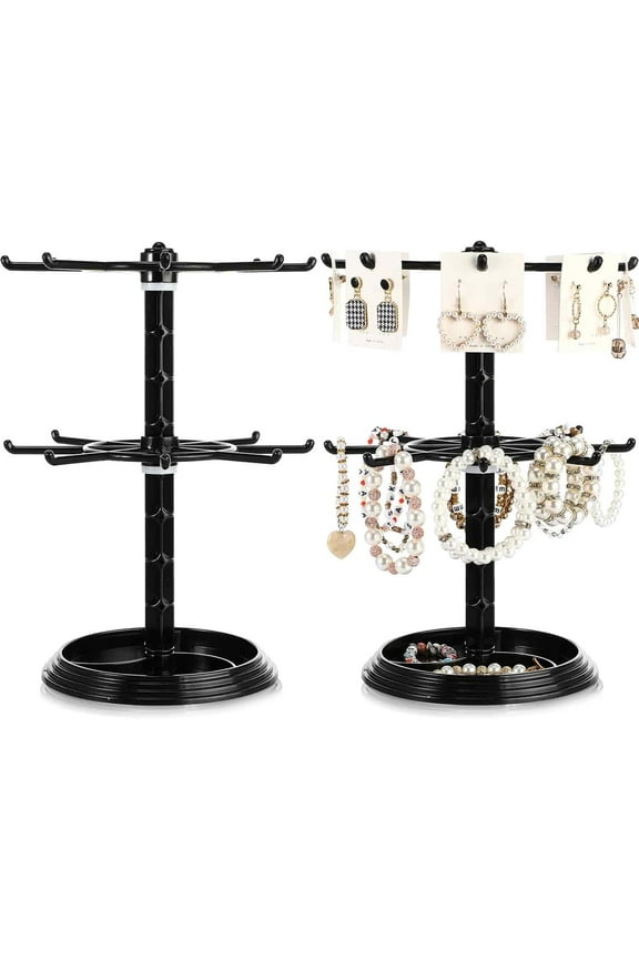 2 Pack Keychain Display Stand Rotating Jewelry 2 Tier Necklace Holder Plastic Spinning Bracelet Hanging Organizer Rotating Rack Earring Bracelet Stands for Vendors Malls Counter