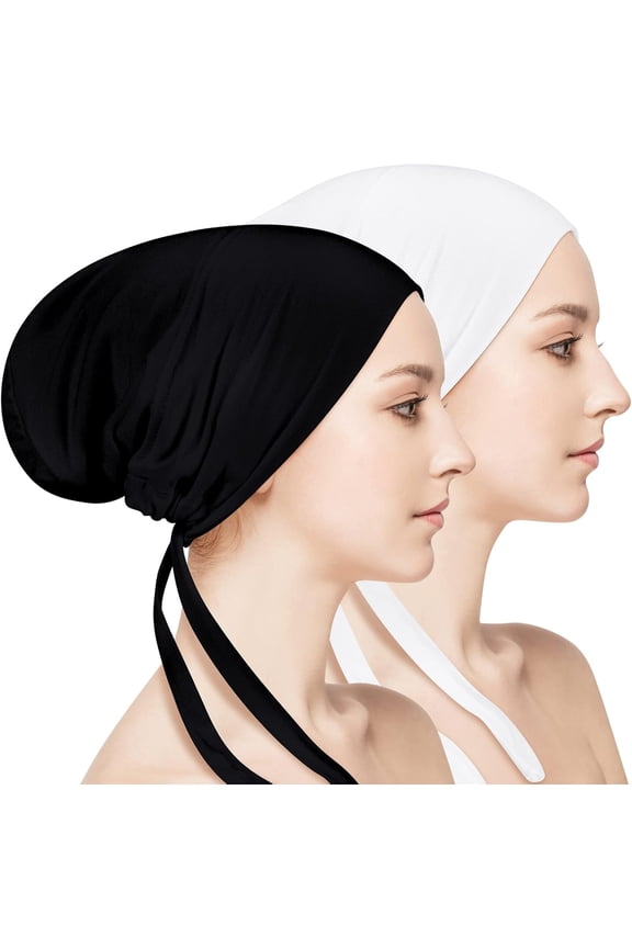 2 Pieces Women Under Scarf Hat Hijab Cap Islamic Hijab Undercap Bonnet Cap Muslim Inner Beanies Hat Underscarf Turban Caps with Ties Back