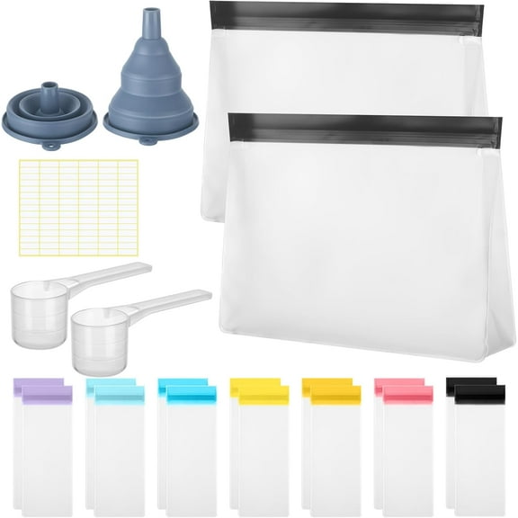 Lsupdaol 21 Pcs Protein Powder Travel Container Set Single Dose Reusable Powder Supplement Packets Portable Travel Organizer Zip up Bags with Funnels, Spoons and Sheet Labels