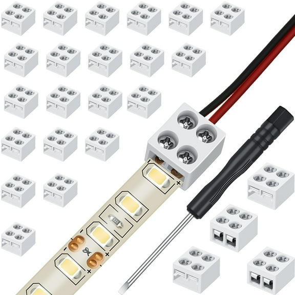 Lsupdaol 25 Pack Solderless LED Tape Light Connector 2 Pin Terminal Block Connector Screw Down LED Strip Connector Tape to Wire for 5V 12V 24V Single Color LED Strip Lights (White,10mm)