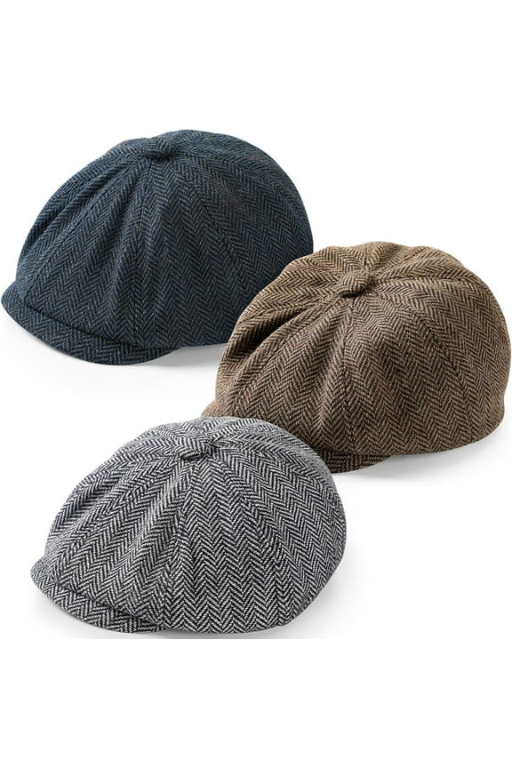 3 Packs Kids Boys Newsboy Cap Vintage Toddler Flat Tweed Beret Hat Baker Pageboy Cabbie Caps Newsies Driver Hats for 1-4 Years Old Kids, Navy Blue, Black, Khak