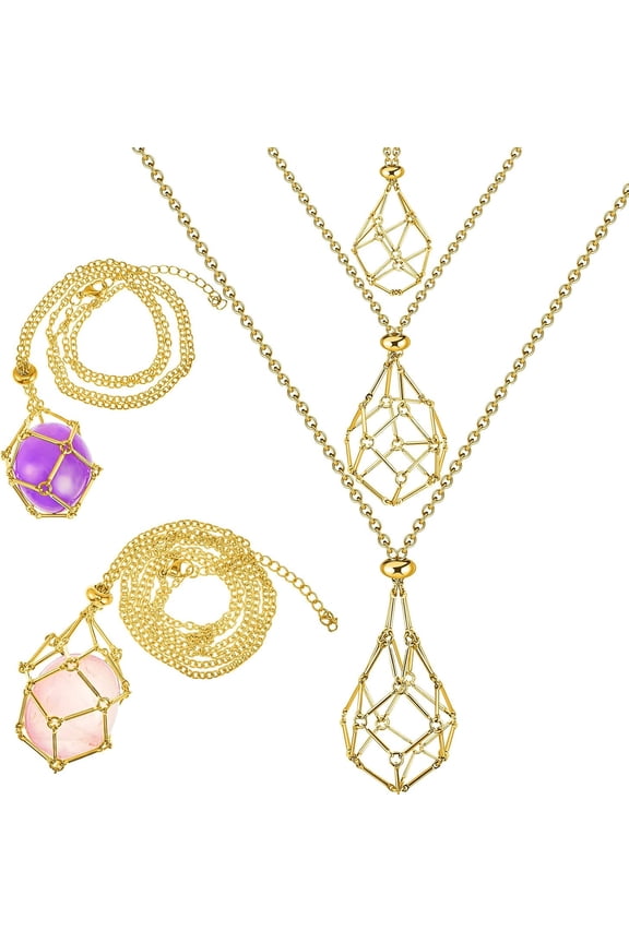 3 Pcs Crystal Necklace Holder Cage Pendant Adjustable Empty Stone Holder Necklace Crystal Cage Stand Jewelry DIY Men(Gold)