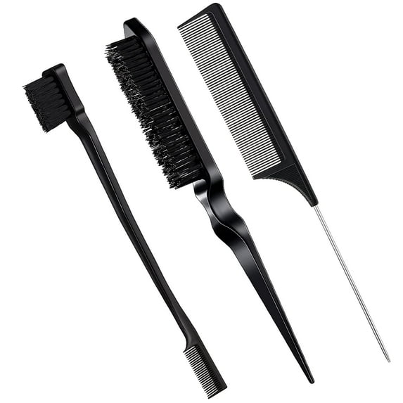 Lsupdaol 3 Pcs Slick Back Hair Brush Set Bristle Brush Edge Control Teasing Comb for Women Black Hair(Black)