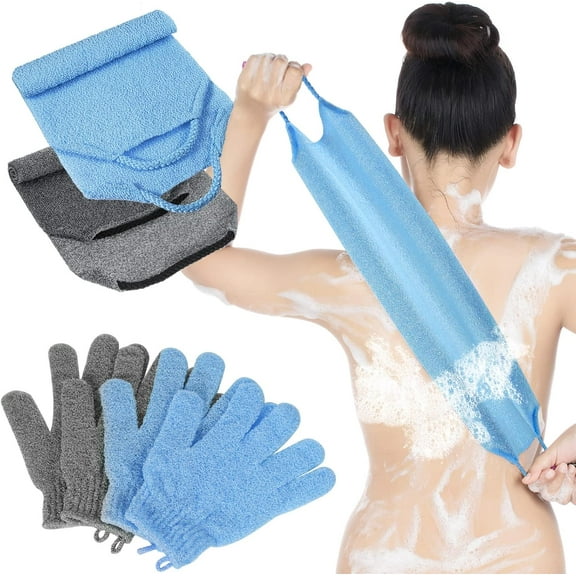 Lsupdaol 4 Pack Exfoliating Washcloth Back Scrubber Set, 2 Exfoliating Body Scrubber Nylon Back Body Scrub Towel, 2 Pairs Shower Gloves for Women Men Bath Shower Exfoliation(Gray, Blue)