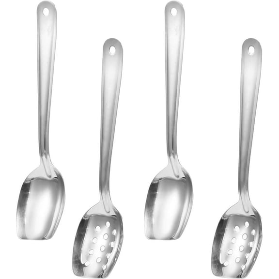 Lsupdaol 4 Pack Large Serving Spoons Flat Bottom Cooking Slotted Spoon Stainless Steel for Cooking Kitchen Parties Buffet Utensils Dishwasher Safe,2 Styles 10 Inch Silvery