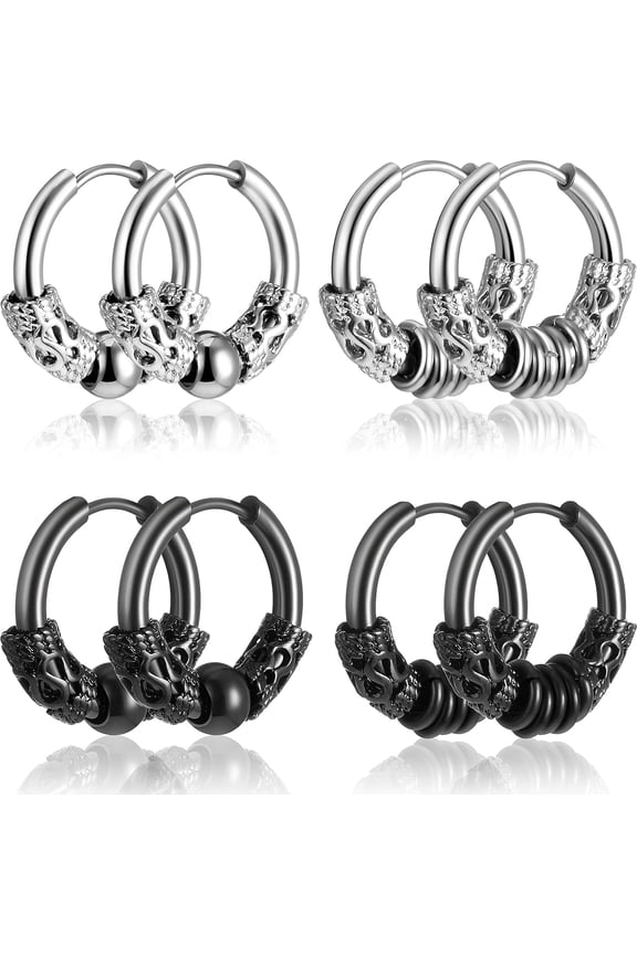 4 Pairs 14mm Men Hoop Earrings Huggie Hinged Hoop Earrings Stainless Steel Circle Beads Earrings for Men Women, Black, Silver