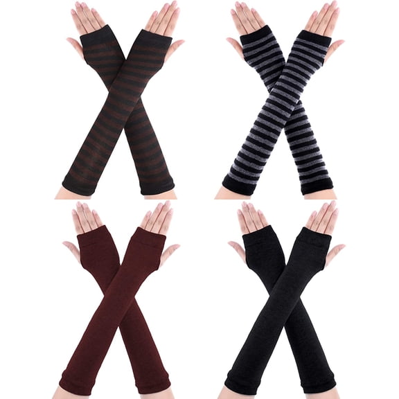 Lsupdaol 4 Pairs Punk Gothic Long Fingerless Gloves Knitted Arm Warmer Elbow Length Thumb Hole Gloves