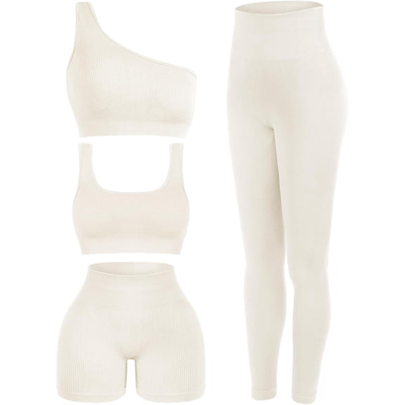 Lsupdaol 4 Pcs Women's Workout Sets Pilates Exercise Outfit Ribbed Scoop Neck Sports Bra Shorts Leggings Gym Clothes Set