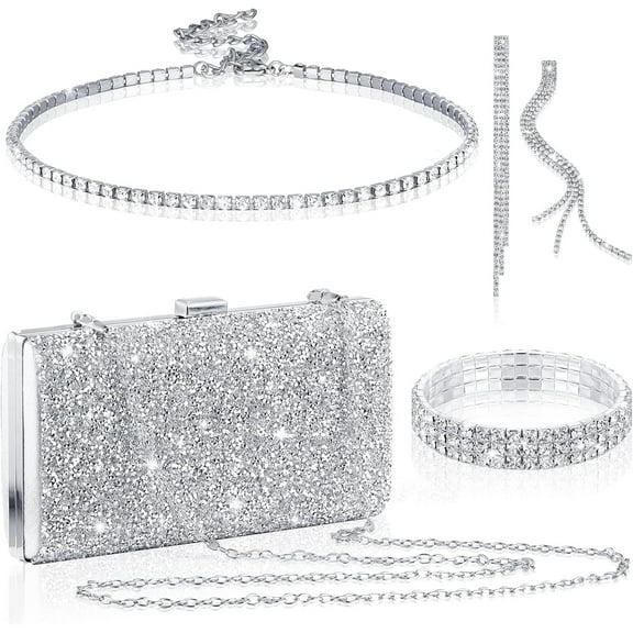 Lsupdaol 4 Pieces Women Rhinestone Evening Clutch Bag Bling Earring Necklace Bracelet for Wedding Formal