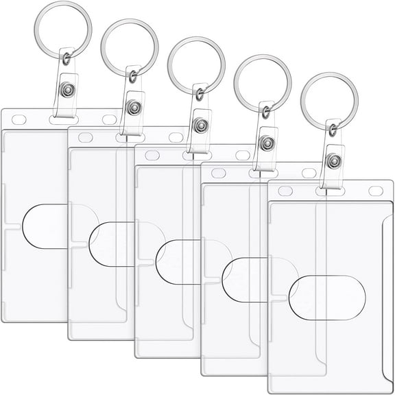 Lsupdaol 5 Pack Keychain Card Holder Plastic Heavy Duty Badge Holder Vertical Clear ID Card Holder with Keyring, Rigid Fuel Card Protector with Thumb Slot Secure Credit Card Protector Case