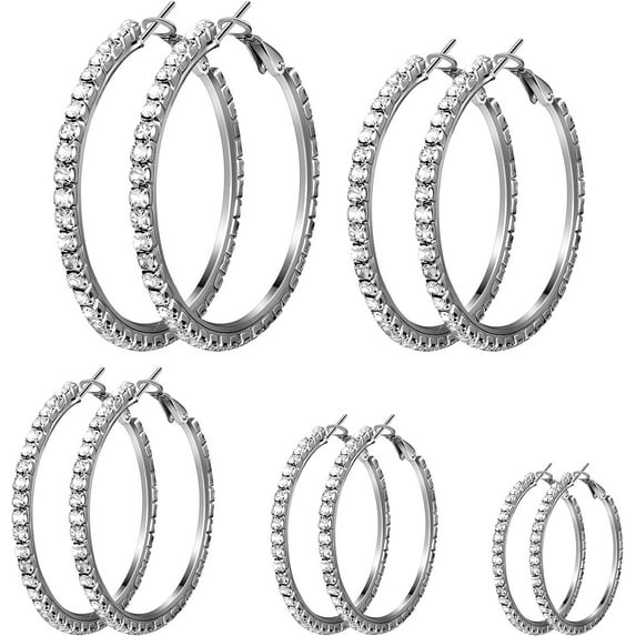 Lsupdaol 5 Pairs Large Crystal Hoop Earrings Set Big Shiny 3-7 cm Round Party Lightweight Rhinestone Sparkly Hoop for Women Jewelry Party Gift Wedding Date