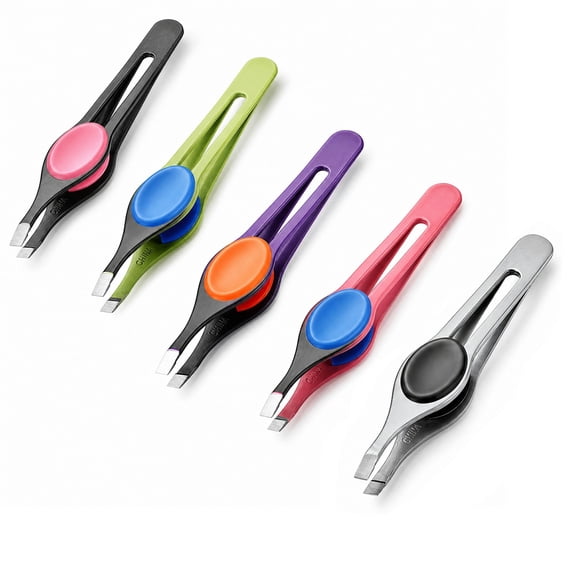 Lsupdaol 5 Pieces Non-Slip Grip Tweezers Slanted Tip Stainless Steel Tweezer Wide Precision Tip Clip Tweezer for Ingrown Hair Eyebrow Shaping Splinter Blackhead Remover (Colorful Rubber Grip)