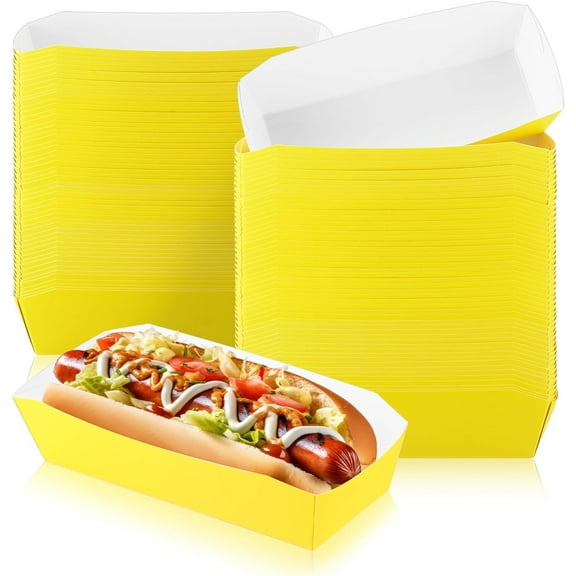 Lsupdaol 50 Pcs 7" Paper Hot Dog Trays Disposable Paper Food Nacho Boats Hot Dog Holders food Plates Disposable Serving Trays for Carnivals, Parties, Dinner, Cookouts(Yellow)