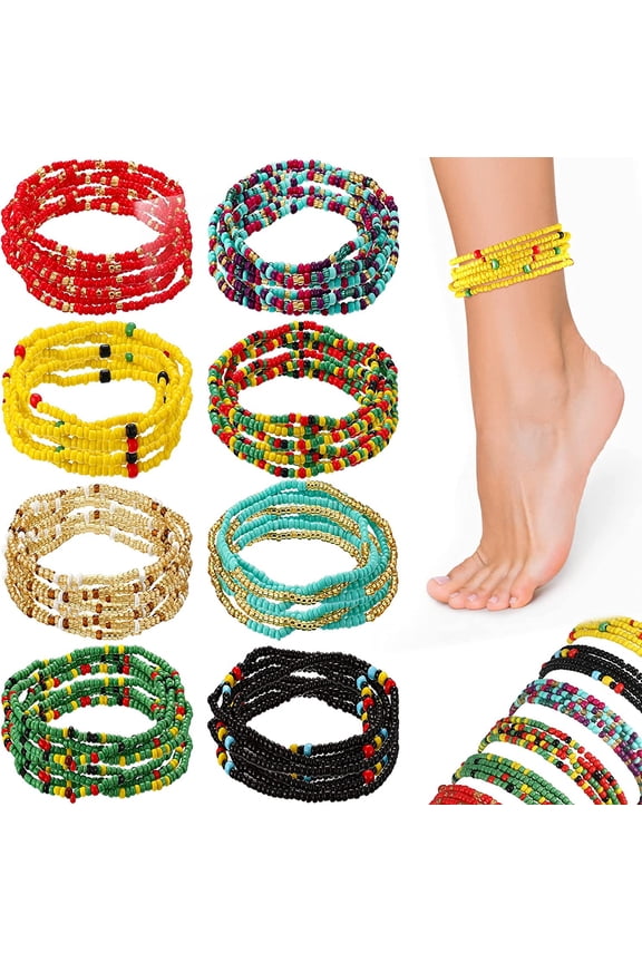 8 Pcs Boho Handmade Beaded Anklets for Women African Multicolor Layered Stretch Seed Beaded Anklets for Women Elastic Boho Bracelets Glass Bead Elastic Foot Chain for Summer Foot Jewelry
