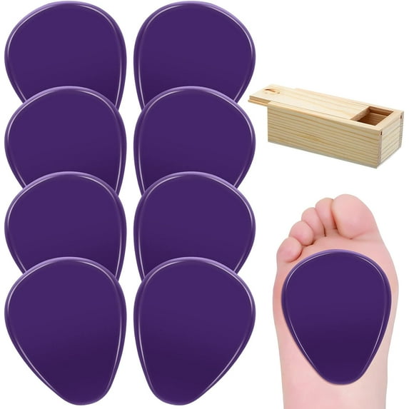 Lsupdaol 8 Pieces Gel Ball of Foot Cushions Metatarsal Pads for Women and Men Gel Ball of Foot Soft Metatarsal Cushioning Pain Relief with 1 Wood Box Storage(Purple)