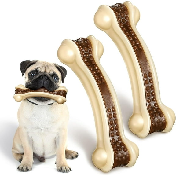 Lsupdaol Bones Shaped Dog Toys for Aggressive Chewers, 2 Pack Dog Chew Toys Puppy Teething Nylon Beef Flavor for Large/Medium/Small Puppies Breeds(Curved Bone,Large)