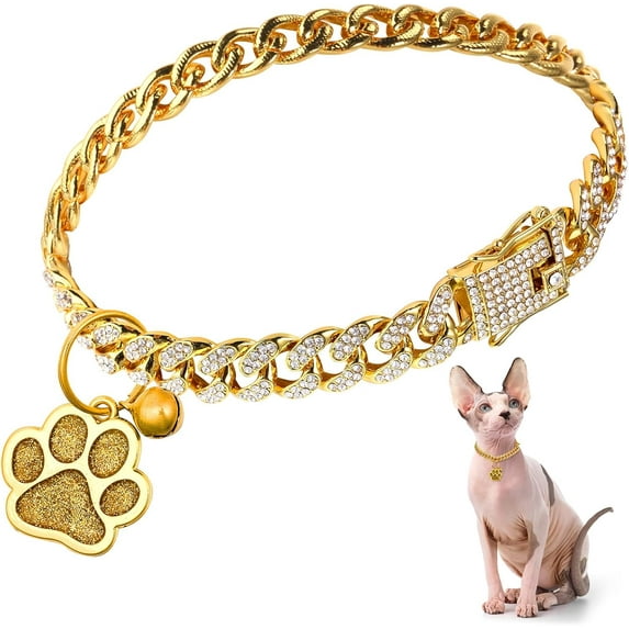 Lsupdaol Cat Collar Diamond Chain Glitter Collar Walking Metal with Secure Buckle Cat Pet Necklace with Paw Charm and ID Tag Bell Link Cuban Jewelry Accessories