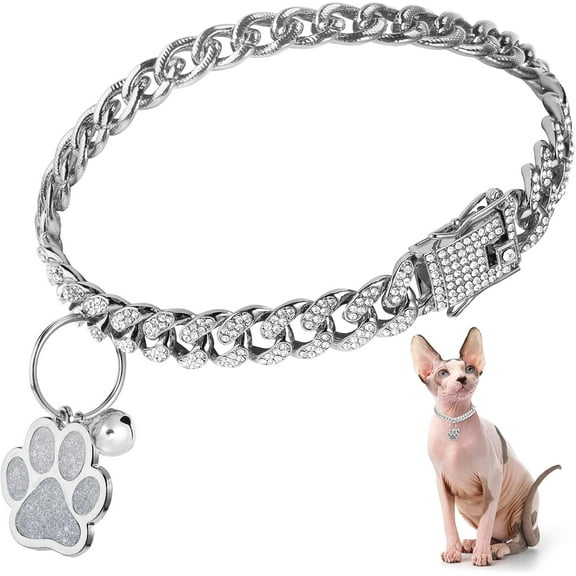 Lsupdaol Cat Collar Diamond Chain Glitter Collar Walking Metal with Secure Buckle Cat Pet Necklace with Paw Charm and ID Tag Bell Link Cuban Jewelry Accessories