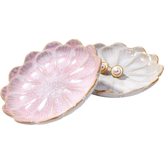 Lsupdaol Ceramic Ring Dish Holder Jewelry Tray Trinket Tray Vintage Lotus Shaped Small Decorative Jewelry Dish for Dressing Tables Earring Organizer (White and Pink)