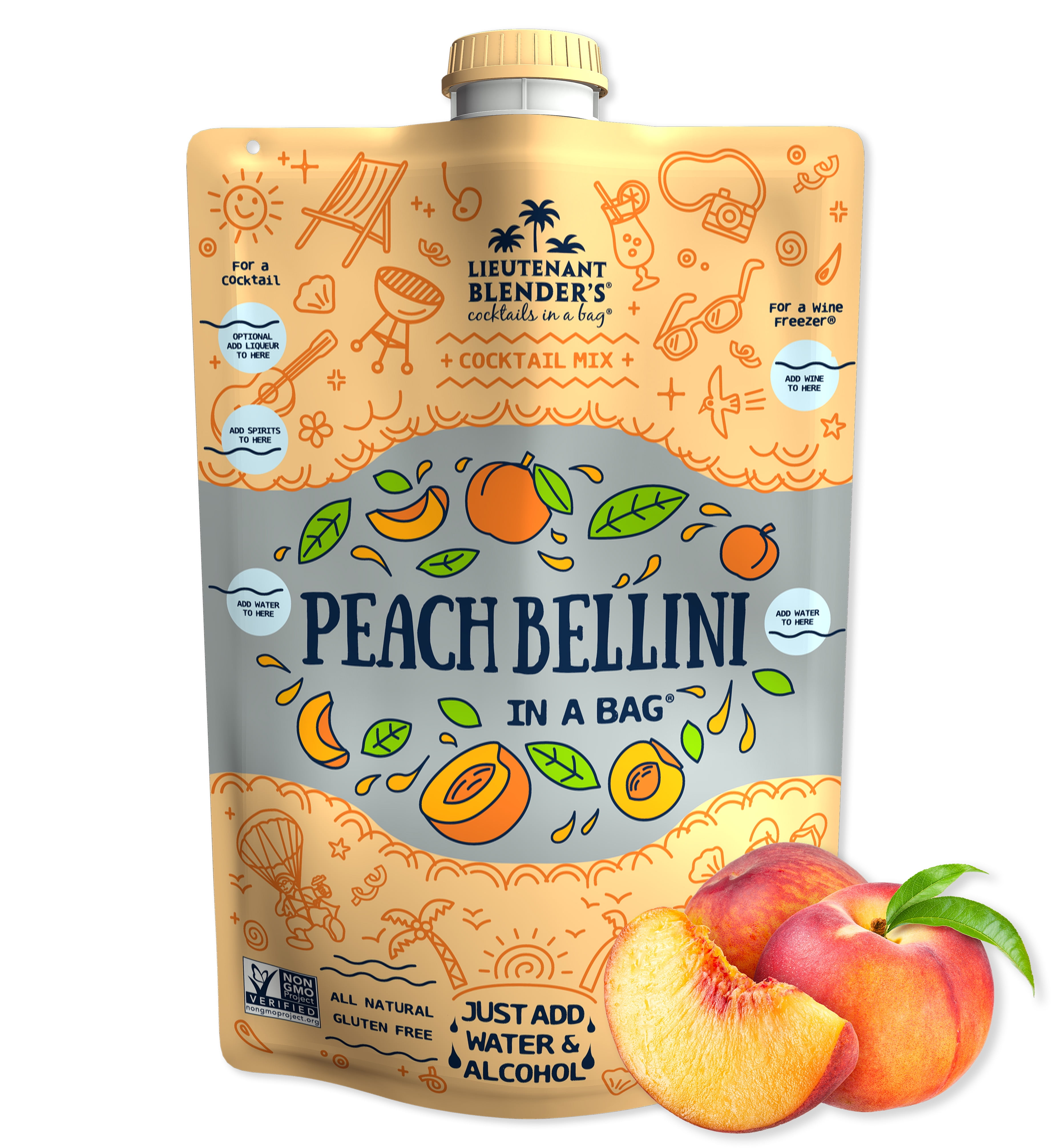 Lt. Blender's Peach Bellini in a Bag - Cocktail Mixer - Makes 1/2 Gallon Wine Slushie Mixes