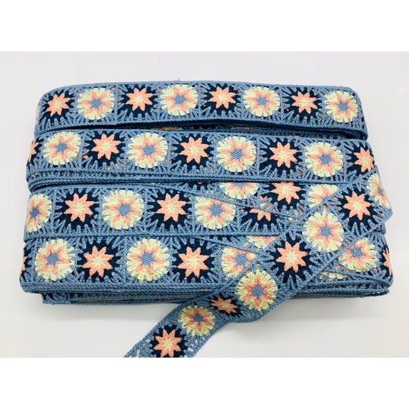 (Lt. Blue, Navy, Peach & Maize) 1-7/8" Crochet Lace - 3 Yards