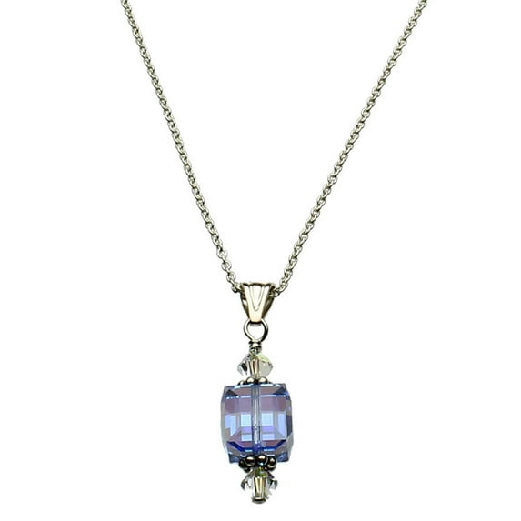 Lt Blue Sterling Silver Cable Chain Necklace Cube Pendant Made with Swarovski Crystals 16"