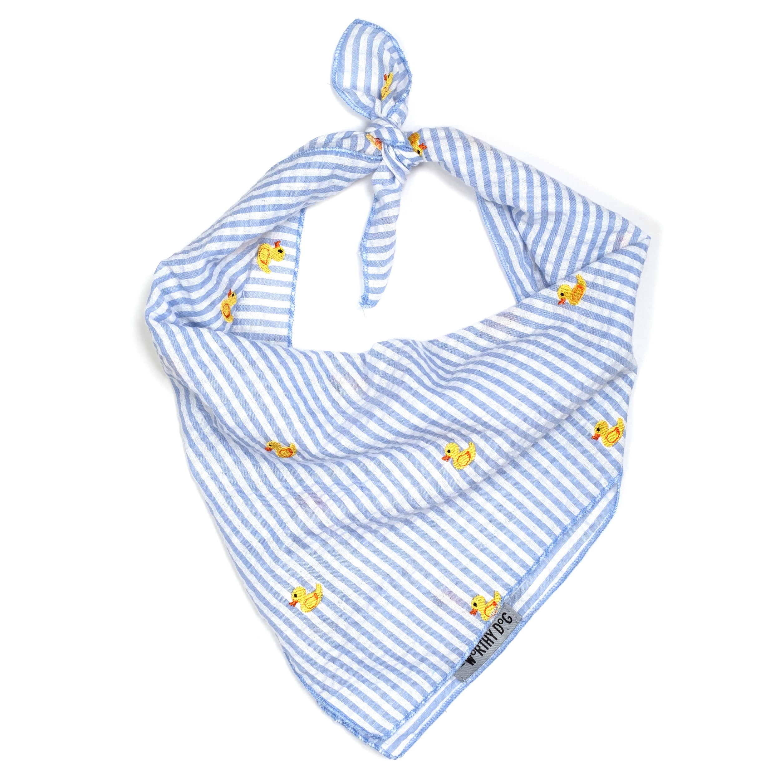 The Worthy Dog Seersucker Stripe Embroidered Rubber Duck Classic Square Tie-On Bandana