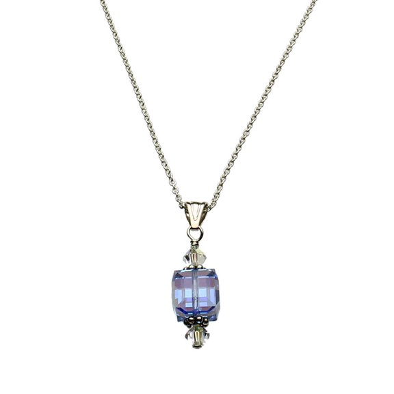 Lt Blue Swarovski Elements Crystal Cube Pendant Sterling Silver Cable Chain Necklace 22"
