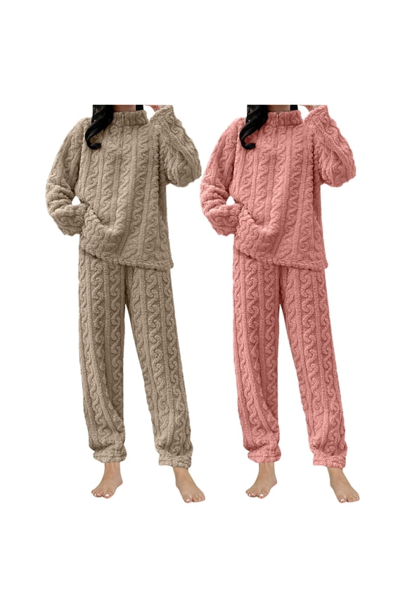 2 Pack Winter Pajama Set for Women Fluffy Warm Half Zip Pullover Tops with Pants Plush Loungewear Sets Fuzzy Sleepwear