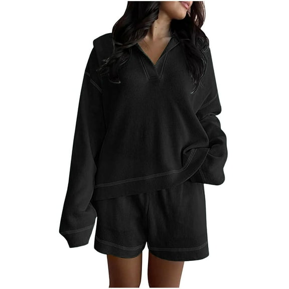 Ltctricy 2 Piece Outfits for Women Casual Lapel V Neck Long Sleeve Pullover Tops and Baggy Shorts Trendy Sets