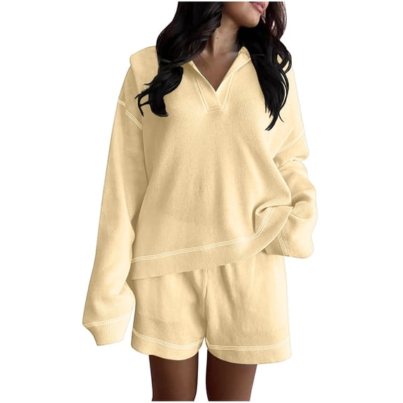 Ltctricy 2 Piece Outfits for Women Casual Lapel V Neck Long Sleeve Pullover Tops and Baggy Shorts Trendy Sets