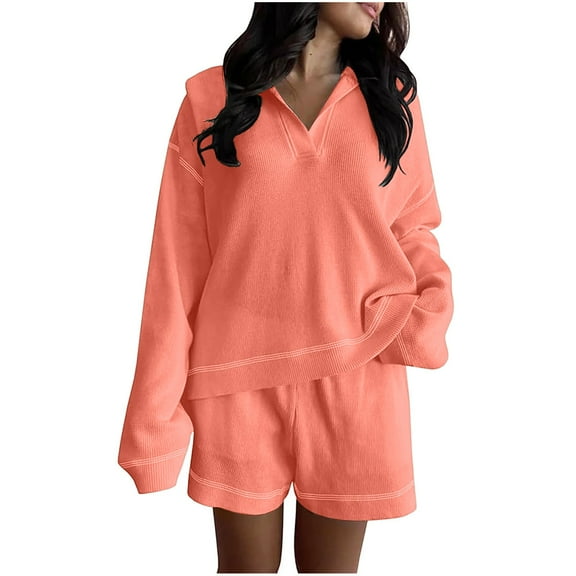 Ltctricy 2 Piece Outfits for Women Casual Lapel V Neck Long Sleeve Pullover Tops and Baggy Shorts Trendy Sets