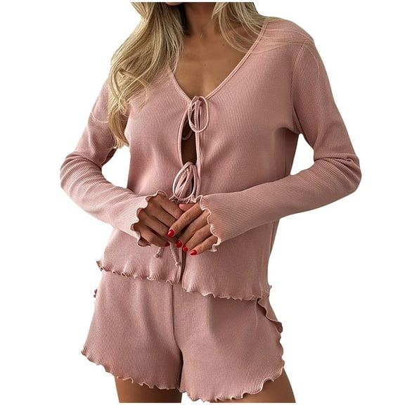 Ltctricy 2 Piece Pajama Sets for Women Tie Front Long Sleeve Shirt and Ruffle Hem Short Lounge Sleepwear Matching Sets Homewear