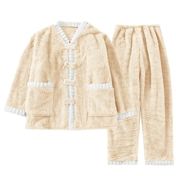 Ltctricy 2 Piece Winter Pajamas Set for Women Warm Sleepwear Homewear Fleece Button Shirts and Fuzzy Pants Lounge Outfits