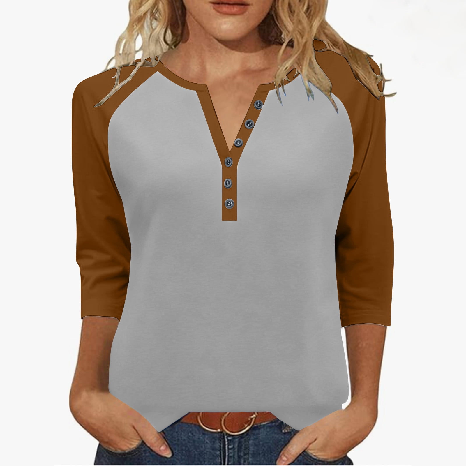 Ltctricy 3/4 Length Sleeve Tops for Women Trendy V Neck Quarter Button ...