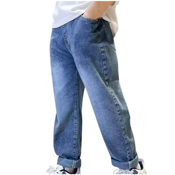 Ltctricy 4-13 Years Boys Denim Pants Baggy Straight Leg Children Jeans Casual Elastic Waist Pull on Trousers with Pockets