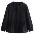 thumbnail image 1 of Ltctricy Babydoll Tops for Women Crew Neck Tie Front Solid Color Lantern Long Sleeve Shirts Casual Loose Blouses(Black,Large), 1 of 5