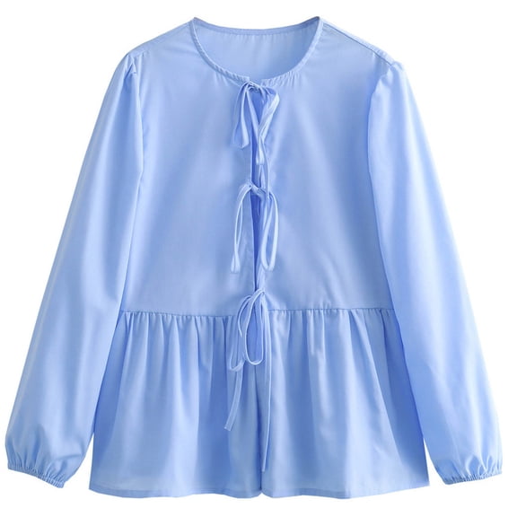 Ltctricy Babydoll Tops for Women Crew Neck Tie Front Solid Color Lantern Long Sleeve Shirts Casual Loose Blouses(Blue,Small)