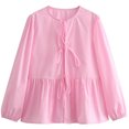 thumbnail image 1 of Ltctricy Babydoll Tops for Women Crew Neck Tie Front Solid Color Lantern Long Sleeve Shirts Casual Loose Blouses(Pink,Small), 1 of 7