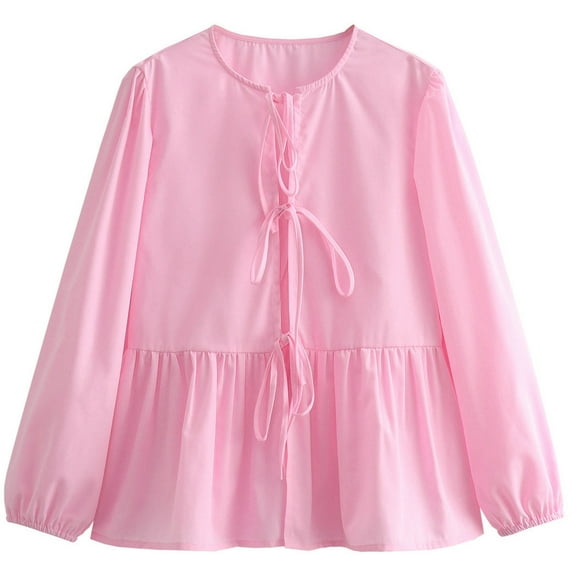 Ltctricy Babydoll Tops for Women Crew Neck Tie Front Solid Color Lantern Long Sleeve Shirts Casual Loose Blouses(Pink,Small)