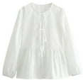 thumbnail image 1 of Ltctricy Babydoll Tops for Women Crew Neck Tie Front Solid Color Lantern Long Sleeve Shirts Casual Loose Blouses(White,Small), 1 of 6