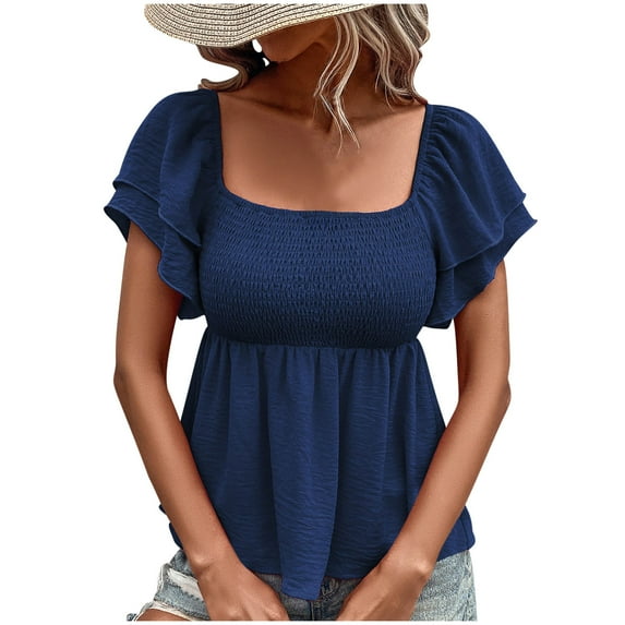 Ltctricy Babydoll Tops for Women Ruffle Layered Short Sleeve Square Neck Pleated Peplum Blouses Summer Casual T Shirts