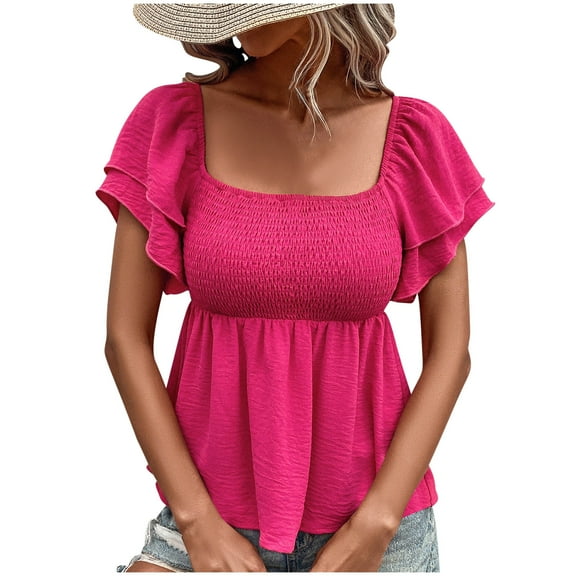 Ltctricy Babydoll Tops for Women Ruffle Layered Short Sleeve Square Neck Pleated Peplum Blouses Summer Casual T Shirts
