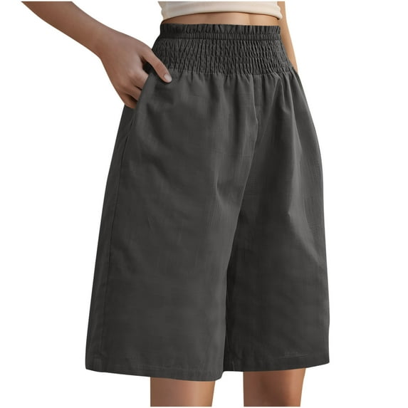 Ltctricy Bermuda Shorts for Women Elastic High Waisted Wide Leg Cotton Linen Shorts Loose Casual Shorts with Pockets
