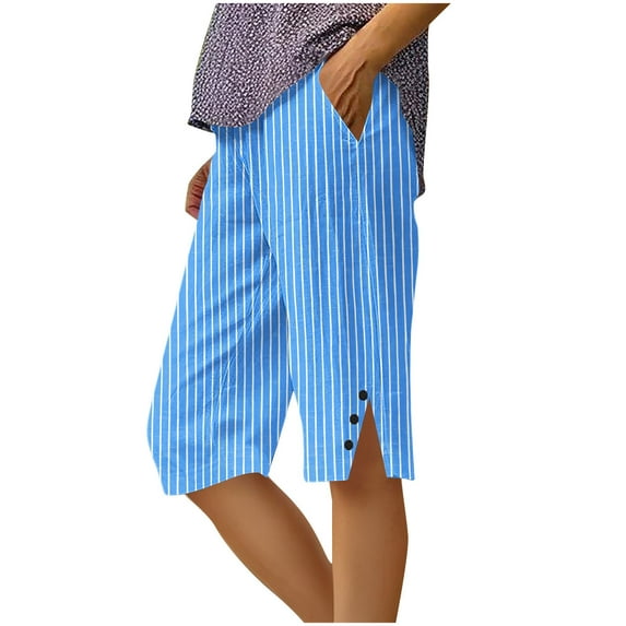 Ltctricy Bermuda Shorts for Women Striped Elastic Waist Straight Leg Side Split Knee Length Shorts Casual Loose Summer Shorts