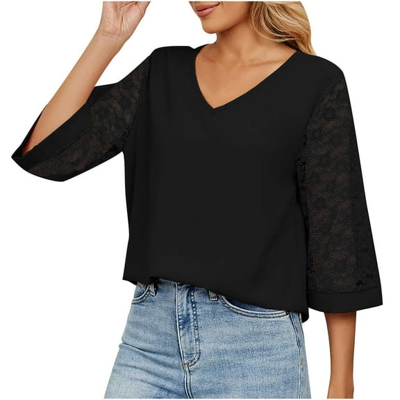 Ltctricy Blouses for Women Trendy V Neck Lace Mesh Half Sleeve Business Casual Dressy T Shirts Loose Tunic Tops