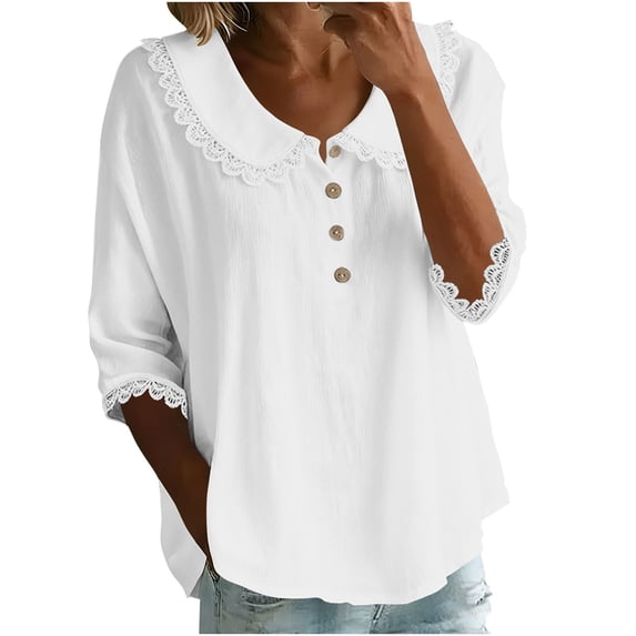 Ltctricy Blouses for Women 3/4 Sleeve Crew Neck Babydoll Collared Half Button Lace Trim T Shirts Casual Loose Trendy Tops(White,3X-Large)