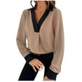 thumbnail image 1 of Ltctricy Blouses for Women Business Casual Long Sleeve V Neck Collared Color Block Pleated Tunic Tops Loose Work Shirts(Coffee,Large), 1 of 7