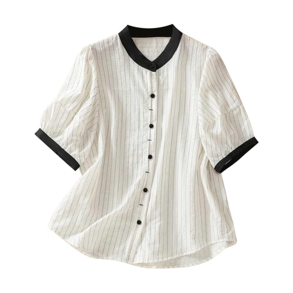 Ltctricy Blouses for Women Cotton Linen Crew Neck Puff Short Sleeve Striped Button down Shirts Casual Loose Summer Tops