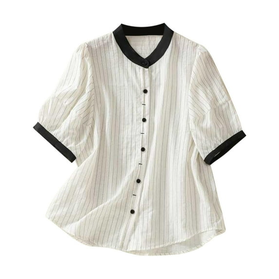 Ltctricy Blouses for Women Cotton Linen Crew Neck Puff Short Sleeve Striped Button down Shirts Casual Loose Summer Tops